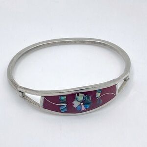 VTG Taxco Sterling Abalone Inlay Floral Motif w Red Enamel Bangle 6.5”